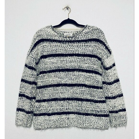 Calvin Klein Sweater Womens Medium Birch Black Striped Chenille Knit Slouchy - Picture 1 of 6